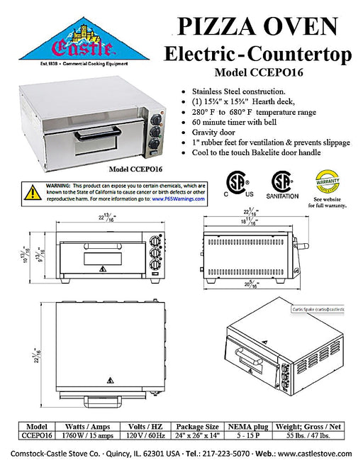 Comstock-Castle CCEPO16 23" Countertop Electric Deck/Pizza Oven, Single Deck, Stainless Steel, 120v - Bakery Wholesalers
