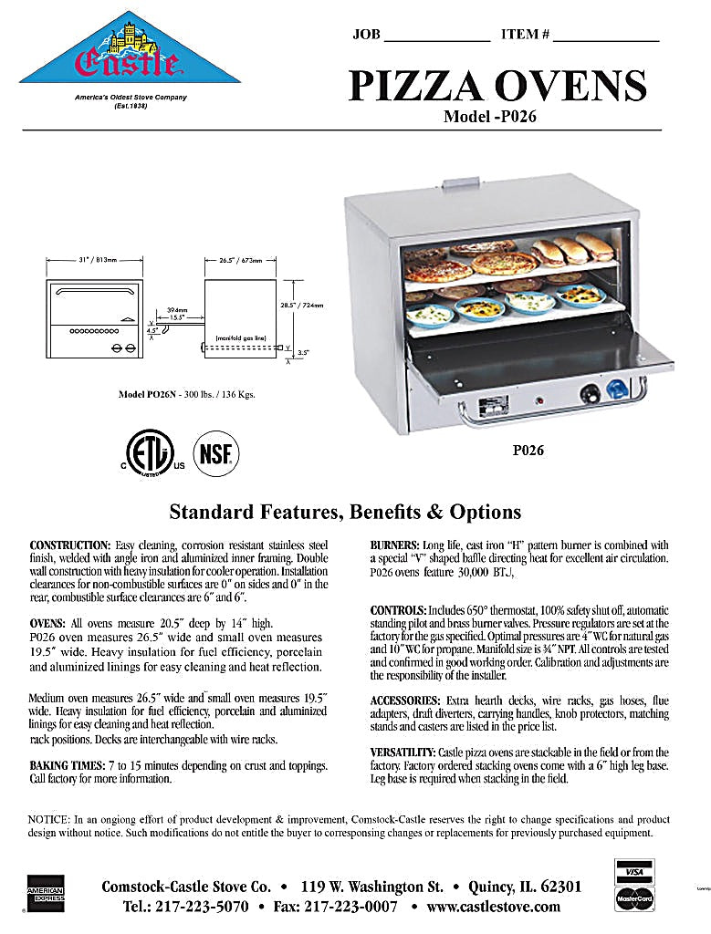 Comstock-Castle PO26 31" Countertop Gas Deck/Pizza Oven, Single Deck, Stainless Steel - Bakery Wholesalers