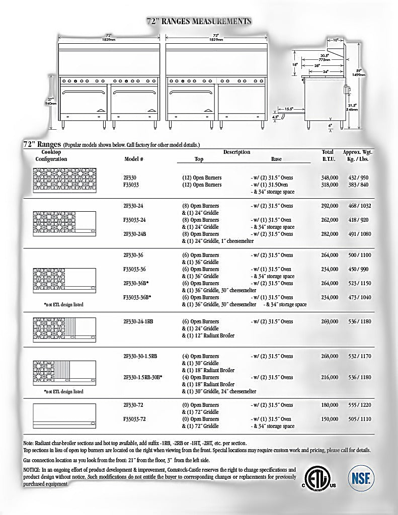 Comstock-Castle 2F330-72 72" Gas Restaurant Range, 72" Manual Griddle, 2 Standard Ovens, Stainless Steel Front, 204,000 BTU - Bakery Wholesalers