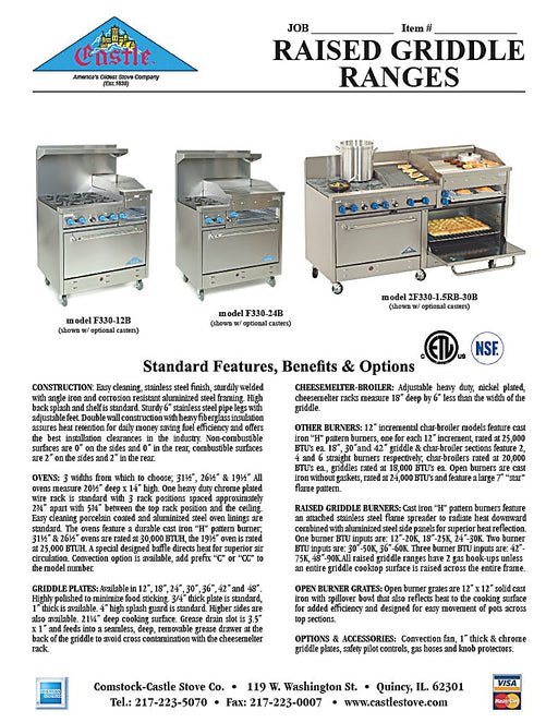 Comstock-Castle 2F330-1.5RB-30B 72" Gas Restaurant Range, 4 Open Burners, 27" Radiant Broiler, 30" Charbroiler, 2 Standard Ovens, Stainless Steel Front, 246,000 BTU - Bakery Wholesalers