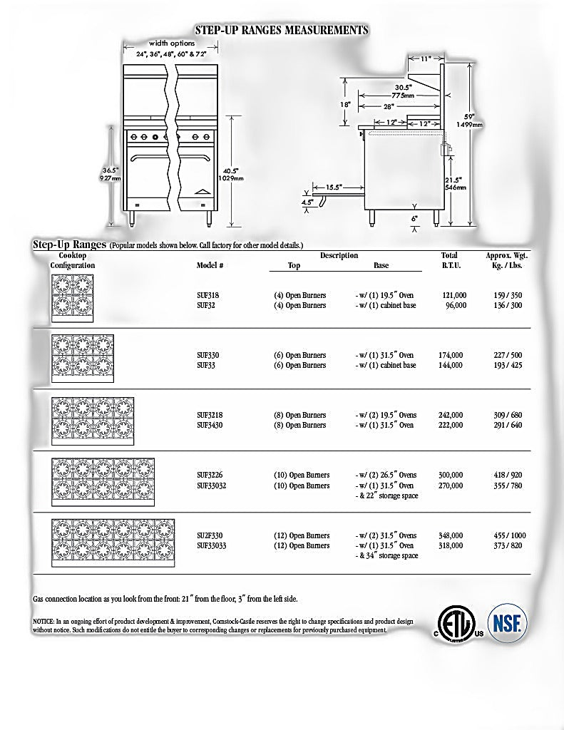 Comstock-Castle 2FSU330 72" Gas Step-Up Restaurant Range, 12 Step-Up Open Burners, 2 Standard Ovens, Stainless Steel Front, 358,000 BTU - Bakery Wholesalers