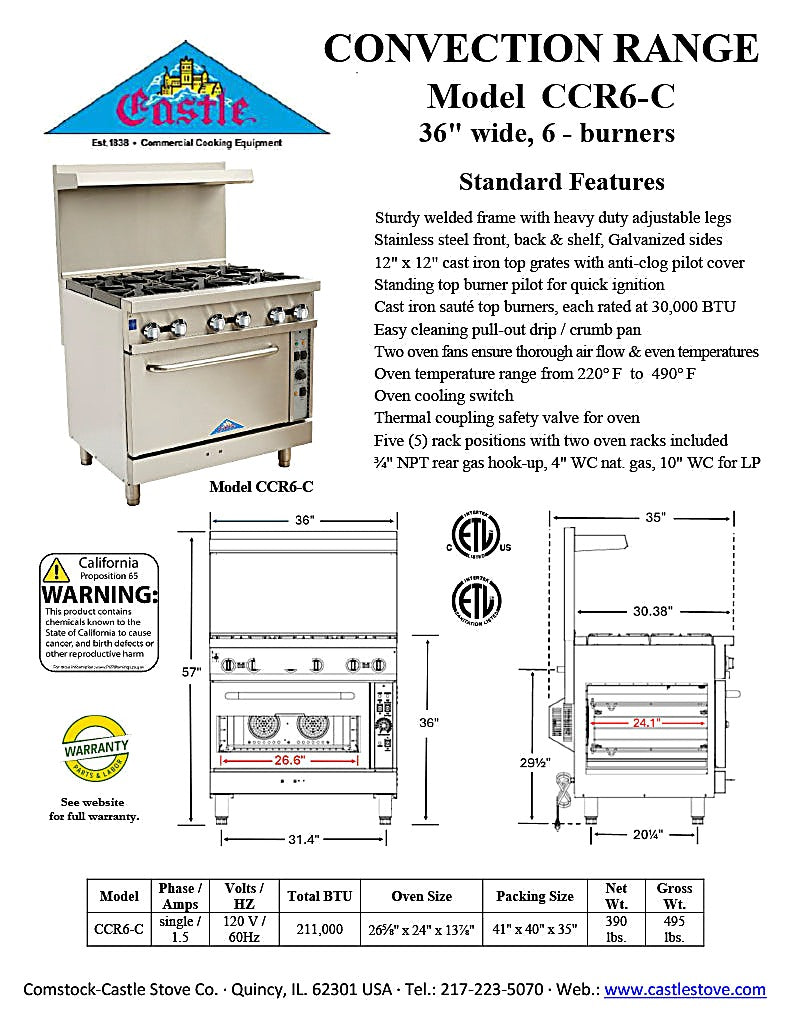 Comstock-Castle CCR6-C 36" Gas Restaurant Range, 6 Open Burners, 2 Standard Ovens, Stainless Steel Front, Adjustable Legs, 211,000 BTU - Bakery Wholesalers