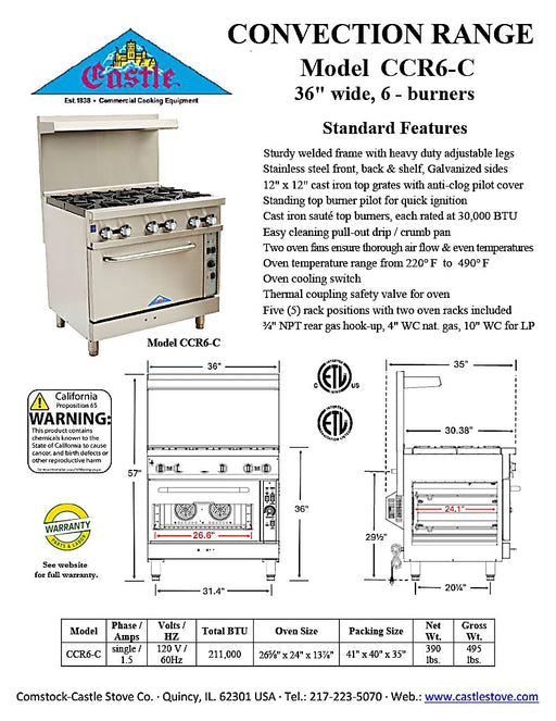 Comstock-Castle CCR6-C 36" Gas Restaurant Range, 6 Open Burners, 2 Standard Ovens, Stainless Steel Front, Adjustable Legs, 211,000 BTU - Bakery Wholesalers