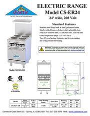 Comstock-Castle CS-ER24-208 24" Electric Restaurant Range, Thermostat Controls, Adjustable Feet, Stainless Steel Construction, 208V, 2.6 kW - Bakery Wholesalers