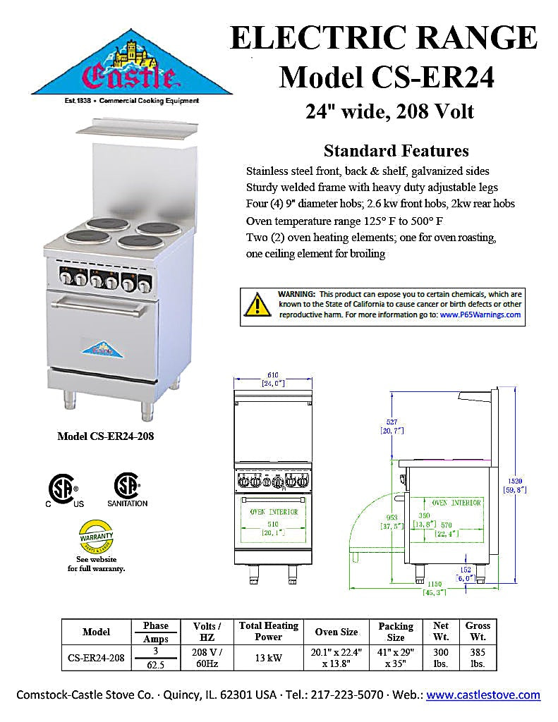 Comstock-Castle CS-ER24-208 24" Electric Restaurant Range, Thermostat Controls, Adjustable Feet, Stainless Steel Construction, 208V, 2.6 kW - Bakery Wholesalers