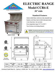 Comstock-Castle CS-ER36-208 36" Electric Restaurant Range, Thermostat Controls, Adjustable Feet, Stainless Steel Construction, 208V, 2.6 kW - Bakery Wholesalers