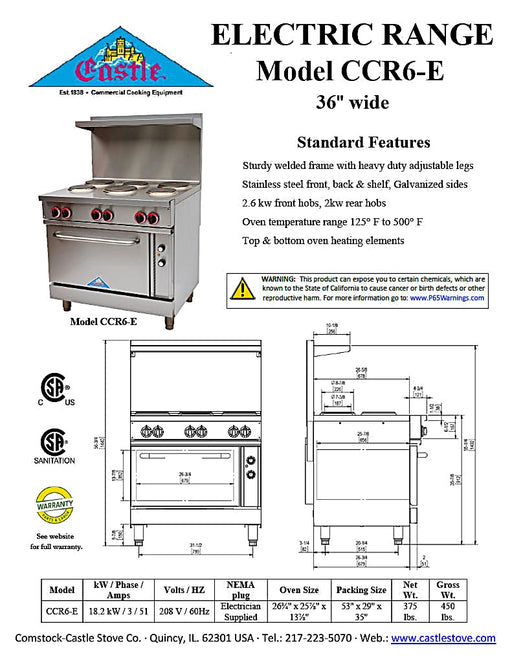 Comstock-Castle CS-ER36-208 36" Electric Restaurant Range, Thermostat Controls, Adjustable Feet, Stainless Steel Construction, 208V, 2.6 kW - Bakery Wholesalers