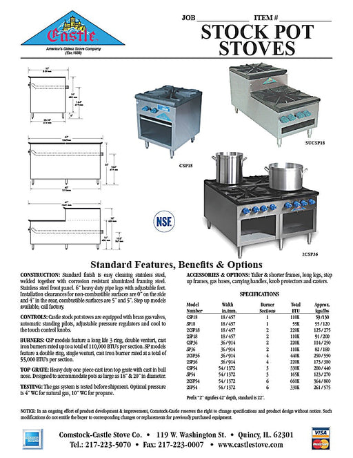 Comstock-Castle CSP18 18" Gas Stock Pot Range, Cabinet Base, 90,000-110,000 BTU, Stainless Steel Front - Bakery Wholesalers