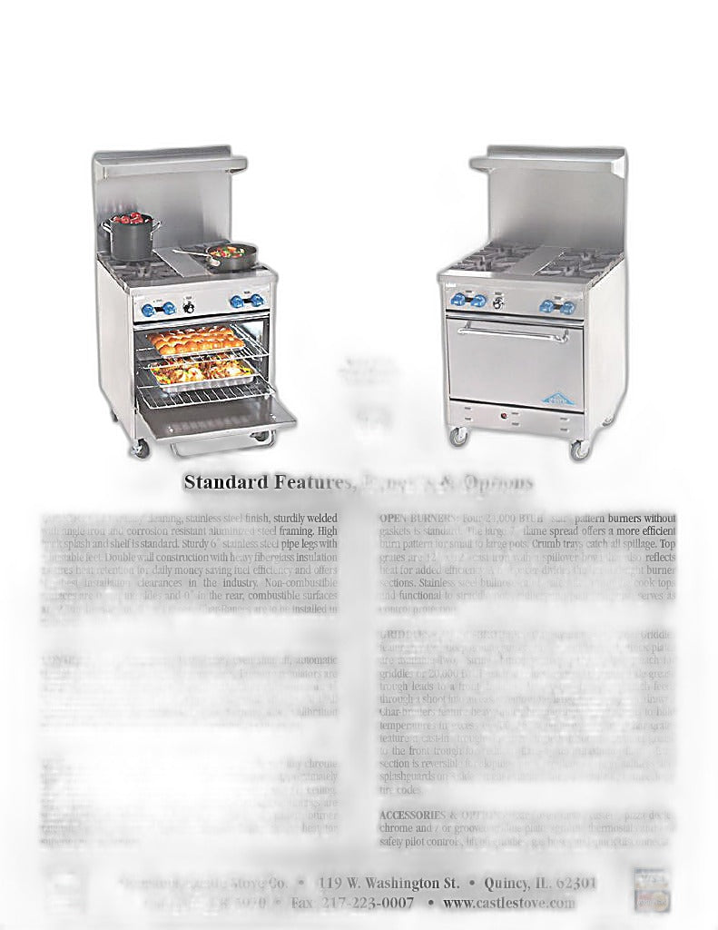 Comstock-Castle F26 30" Gas Restaurant Range, 4 Open Burners, Cabinet Base, 96,000 BTU, Stainless Steel Front - Bakery Wholesalers