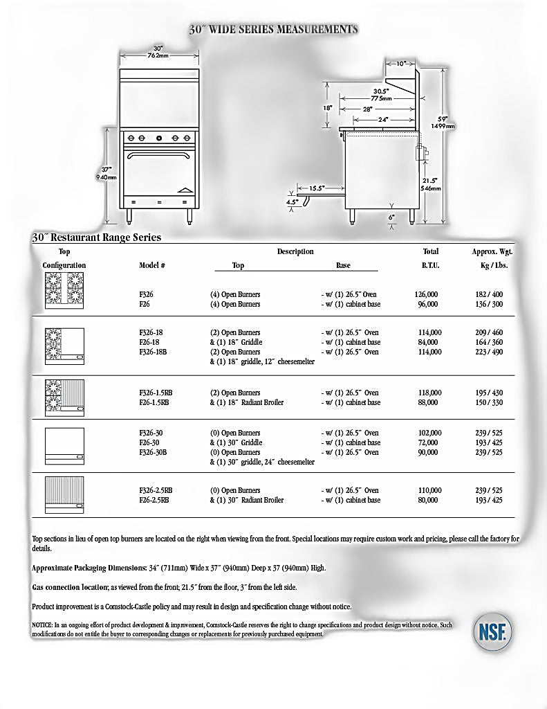 Comstock-Castle F26 30" Gas Restaurant Range, 4 Open Burners, Cabinet Base, 96,000 BTU, Stainless Steel Front - Bakery Wholesalers
