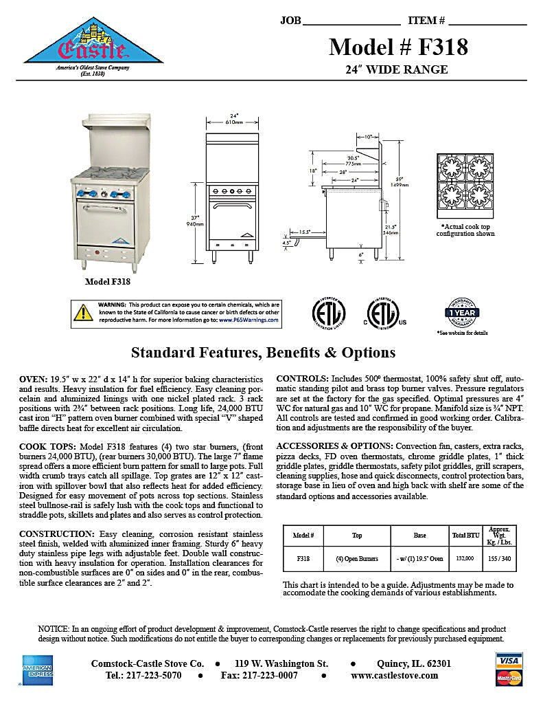 Comstock-Castle F318 24" Gas Restaurant Range, 4 Open Burners, Single Standard Oven, Stainless Steel Front, 132,000 BTU - Bakery Wholesalers