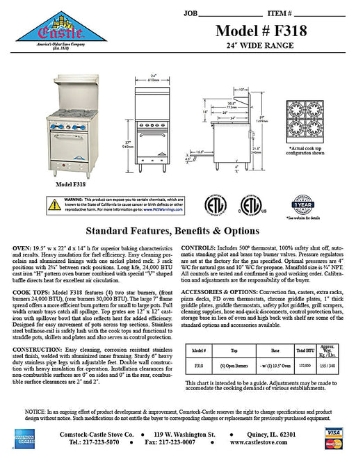 Comstock-Castle F318 24" Gas Restaurant Range, 4 Open Burners, Single Standard Oven, Stainless Steel Front, 132,000 BTU - Bakery Wholesalers