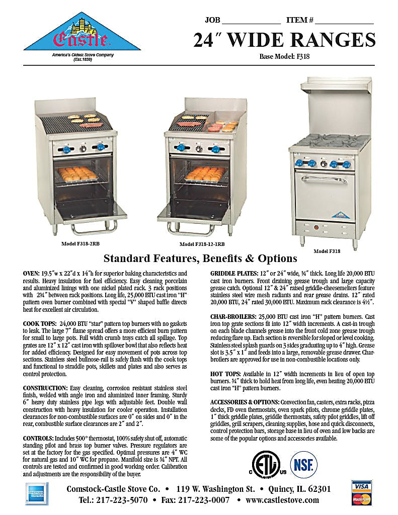 Comstock-Castle F318-1RB 24" Gas Restaurant Range, 2 Open Burners, 12" Radiant Broiler, Single Standard Oven, Stainless Steel Front, 98,000 BTU - Bakery Wholesalers