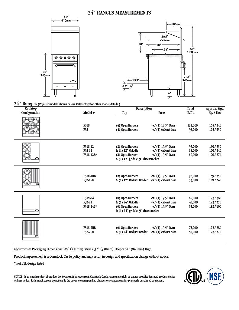Comstock-Castle F318-12-1RB 24" Gas Restaurant Range, 12" Griddle, 12" Radiant Broiler, Single Standard Oven, Stainless Steel Front, 70,000 BTU - Bakery Wholesalers