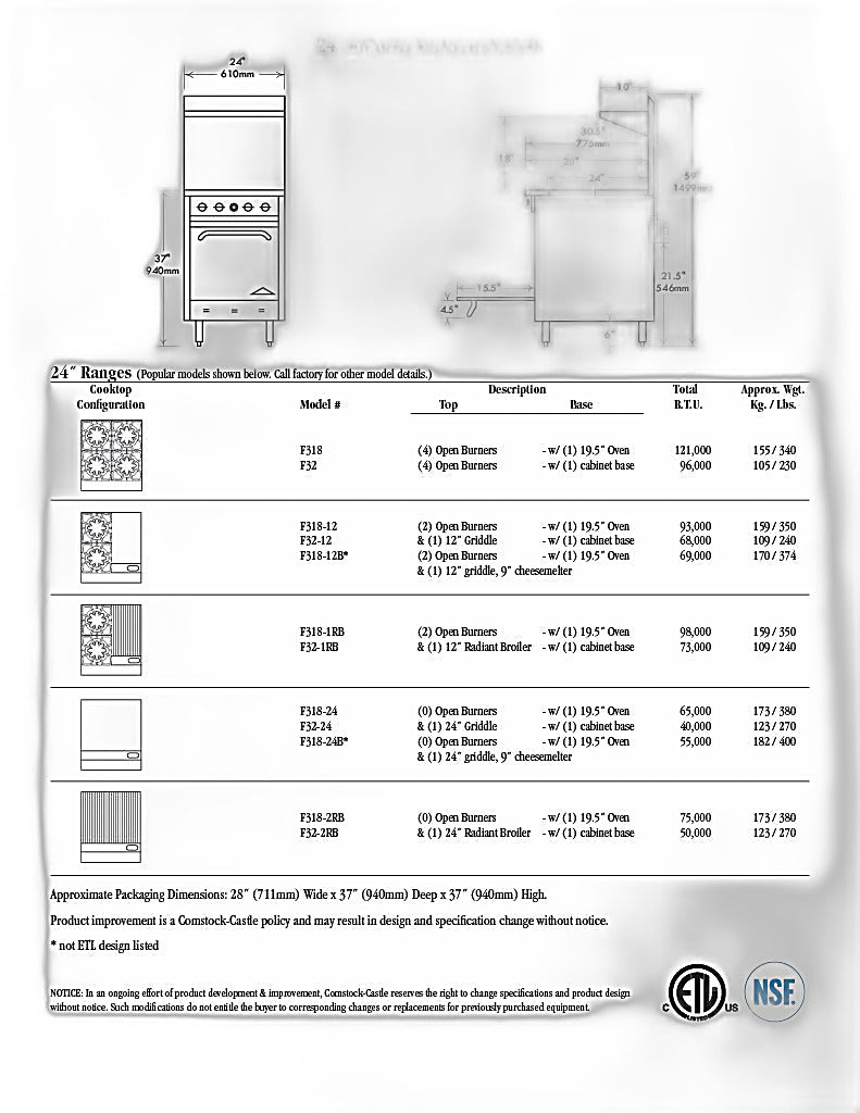 Comstock-Castle F318-12 24" Gas Restaurant Range, 2 Open Burners, 12" Griddle, Single Standard Oven, Stainless Steel Front, 93,000 BTU - Bakery Wholesalers