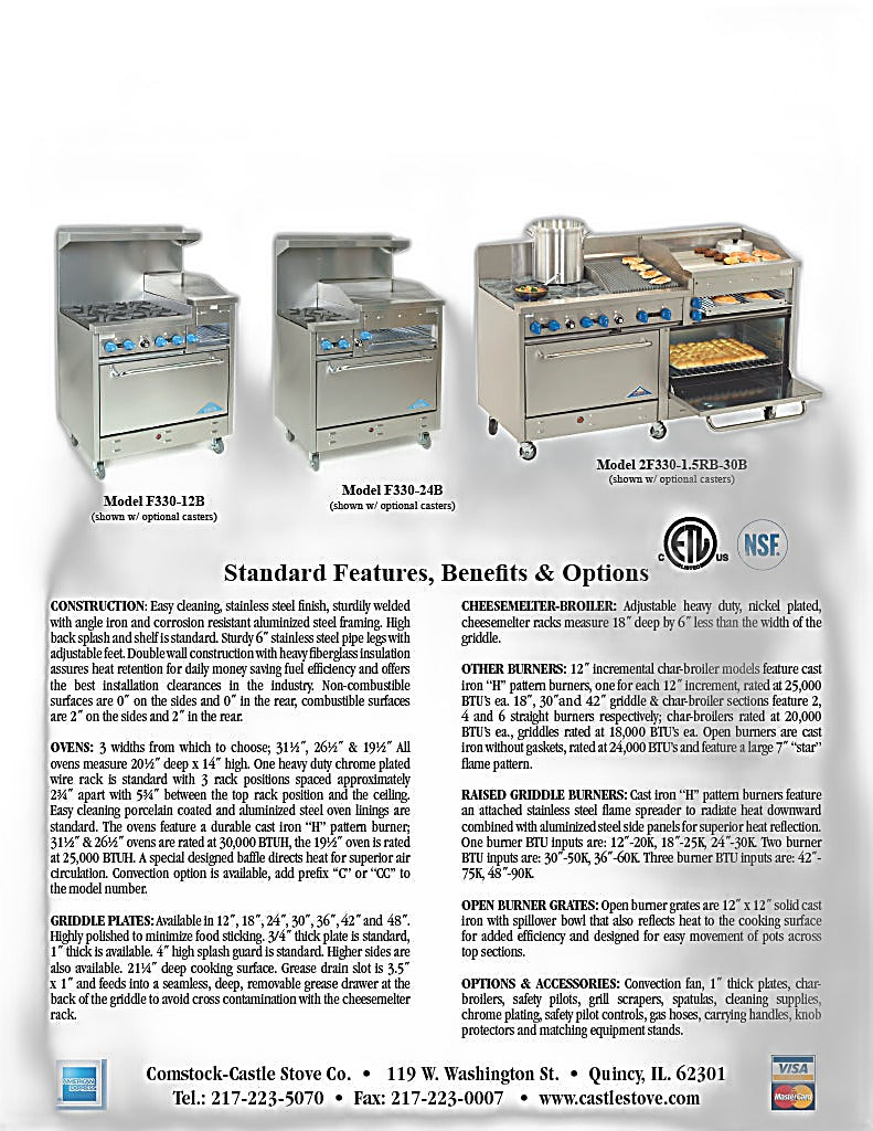 Comstock-Castle F3218-24B 48" Gas Restaurant Range, 4 Open Burners, 24" Charbroiler, 2 Standard Ovens, Stainless Steel Front, 204,000 BTU - Bakery Wholesalers