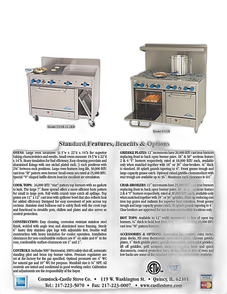 Comstock-Castle F3218-36B 48" Gas Restaurant Range, 2 Open Burners, 36" Charbroiler, 2 Standard Ovens, Stainless Steel Front, 158,000 BTU - Bakery Wholesalers