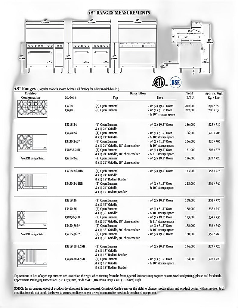 Comstock-Castle F3218-3RB 48" Gas Restaurant Range, 2 Open Burners, 36" Radiant Broiler, 2 Standard Ovens, Stainless Steel Front, 173,000 BTU - Bakery Wholesalers