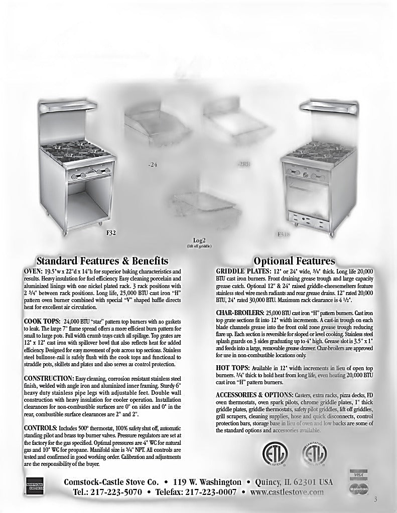 Comstock-Castle F32-24 24" Gas Restaurant Range, 24" Griddle, Cabinet Base, Stainless Steel Front, 40,000 BTU - Bakery Wholesalers