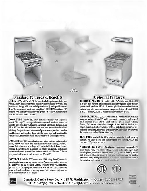 Comstock-Castle F32-24 24" Gas Restaurant Range, 24" Griddle, Cabinet Base, Stainless Steel Front, 40,000 BTU - Bakery Wholesalers