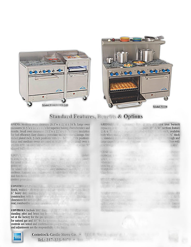 Comstock-Castle F3226-24 60" Gas Restaurant Range, 6 Open Burners, 24" Griddle, 2 Standard Ovens, Stainless Steel Front, 270,000 BTU - Bakery Wholesalers