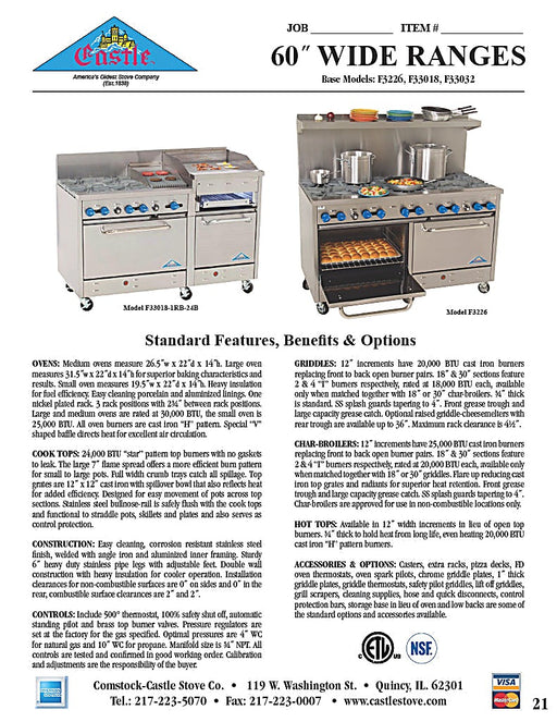 Comstock-Castle F3226-36B 60" Gas Restaurant Range, 4 Open Burners, 36" Charbroiler, 2 Standard Ovens, Stainless Steel Front, 216,000 BTU - Bakery Wholesalers