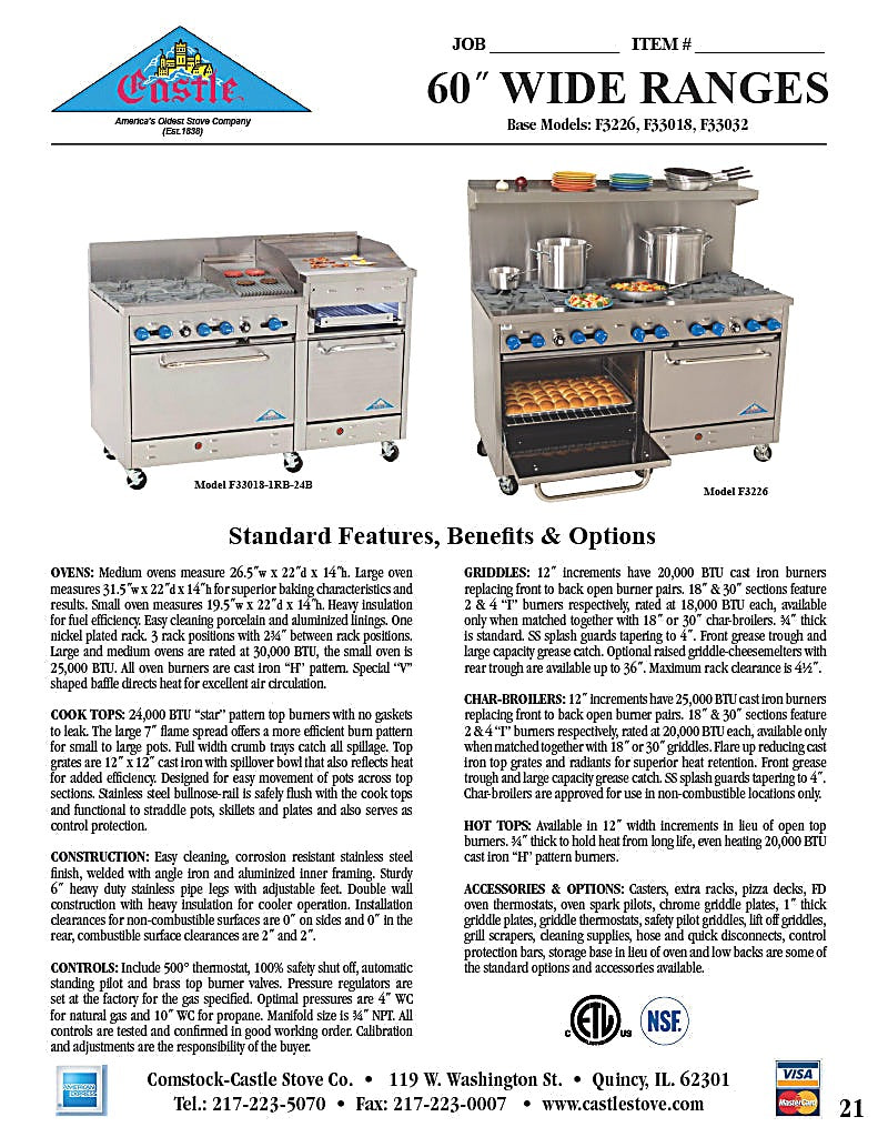 Comstock-Castle F3226-24-2RB 60" Gas Restaurant Range, 2 Open Burners, 24" Griddle, 24" Radiant Broiler, 2 Standard Ovens, Stainless Steel Front, 198,000 BTU - Bakery Wholesalers