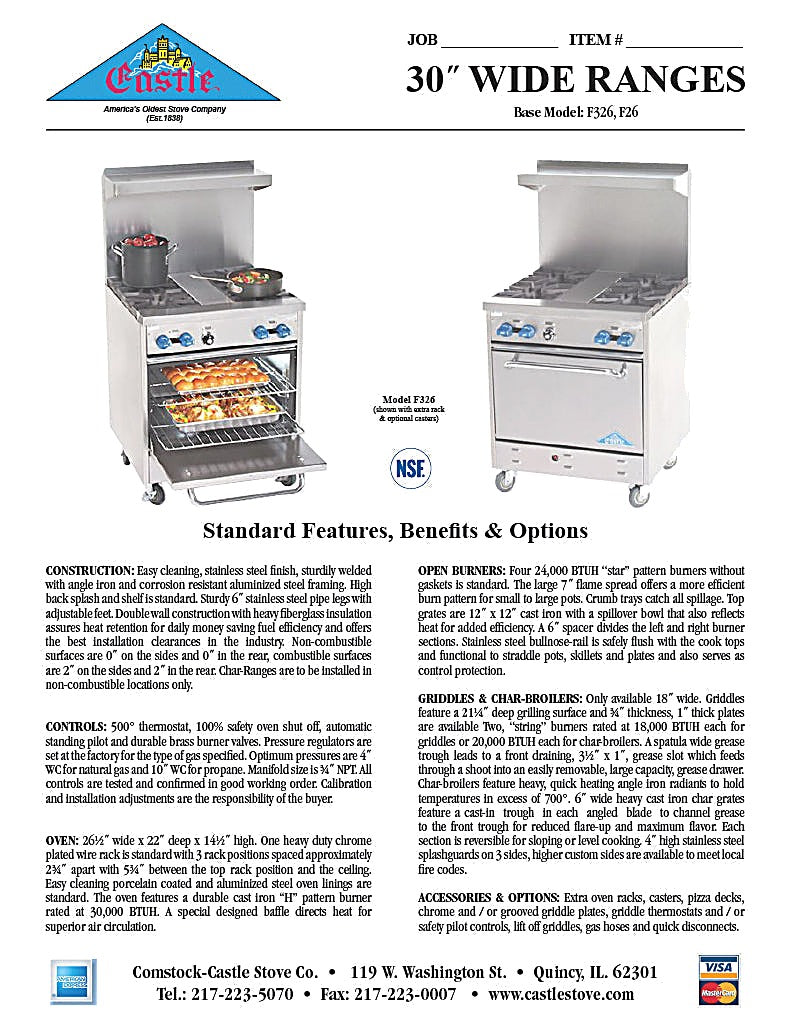 Comstock-Castle F326-1.5RB 30" Gas Restaurant Range, 2 Open Burners, 18" Radiant Broiler, Single Standard Oven, Stainless Steel Front, 118,000 BTU - Bakery Wholesalers