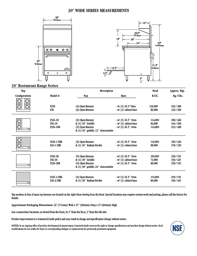Comstock-Castle F326-18 30" Gas Restaurant Range, 2 Open Burners, 18" Griddle, Single Standard Oven, Stainless Steel Front, 114,000 BTU - Bakery Wholesalers