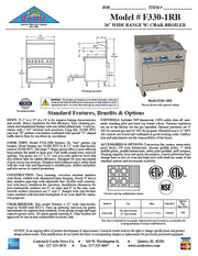 Comstock-Castle F330-1RB 36" Gas Restaurant Range, 4 Open Burners, 12" Radiant Broiler, Single Standard Oven, Stainless Steel Front, 151,000 BTU - Bakery Wholesalers