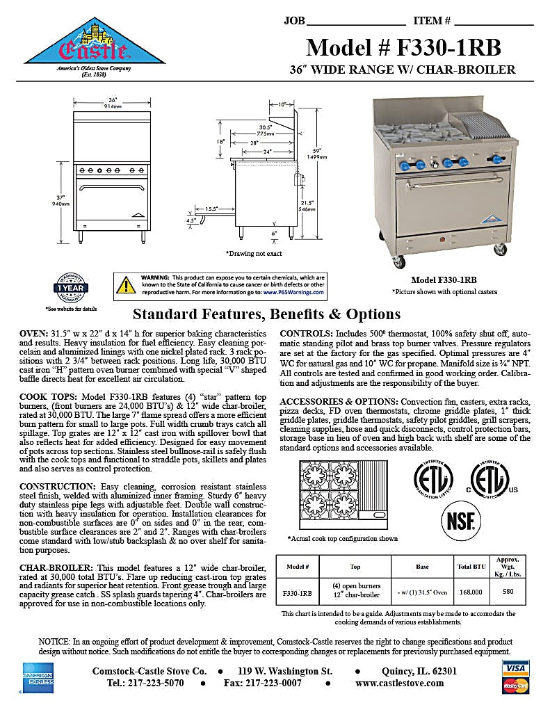 Comstock-Castle F330-1RB 36" Gas Restaurant Range, 4 Open Burners, 12" Radiant Broiler, Single Standard Oven, Stainless Steel Front, 151,000 BTU - Bakery Wholesalers
