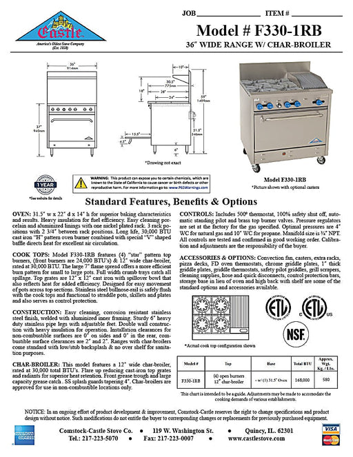 Comstock-Castle F330-1RB 36" Gas Restaurant Range, 4 Open Burners, 12" Radiant Broiler, Single Standard Oven, Stainless Steel Front, 151,000 BTU - Bakery Wholesalers