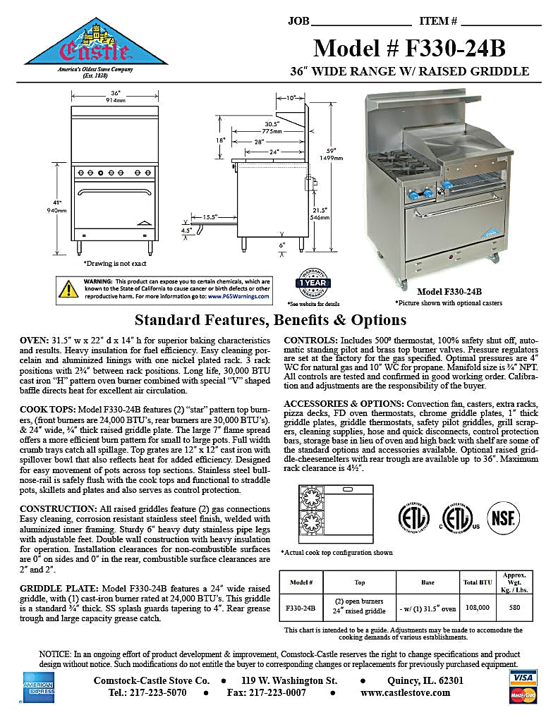 Comstock-Castle F330-24B 36" Gas Restaurant Range, 2 Open Burners, 24" Charbroiler, Single Standard Oven, Stainless Steel Front, 108,000 BTU - Bakery Wholesalers