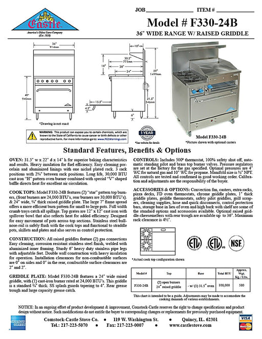 Comstock-Castle F330-24B 36" Gas Restaurant Range, 2 Open Burners, 24" Charbroiler, Single Standard Oven, Stainless Steel Front, 108,000 BTU - Bakery Wholesalers
