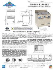 Comstock-Castle F330-2RB 36" Gas Restaurant Range, 2 Open Burners, 24" Radiant Broiler, Single Standard Oven, Stainless Steel Front, 144,000 BTU - Bakery Wholesalers