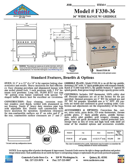 Comstock-Castle F330-36 36" Gas Restaurant Range, 36" Manual Griddle, Single Standard Oven, Stainless Steel Front, 102,000 BTU - Bakery Wholesalers