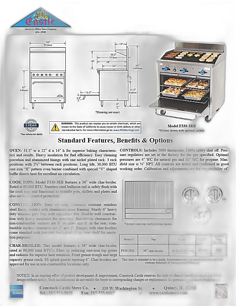 Comstock-Castle F330-3RB 36" Gas Restaurant Range, 36" Radiant Broiler, Single Standard Oven, Stainless Steel Front, 105,000 BTU - Bakery Wholesalers