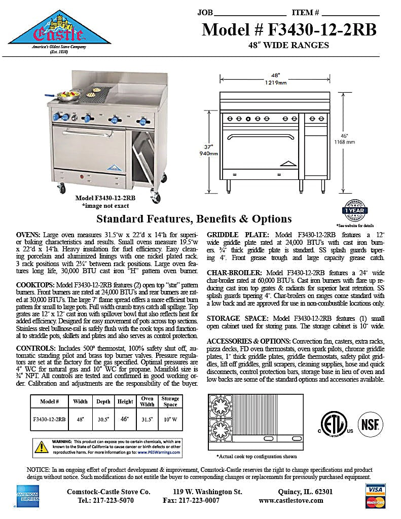Comstock-Castle F3430-12-2RB 48" Gas Restaurant Range, 2 Open Burners, 12" Griddle, 24" Charbroiler, Single Standard Oven, Stainless Steel Front, 148,000 BTU - Bakery Wholesalers
