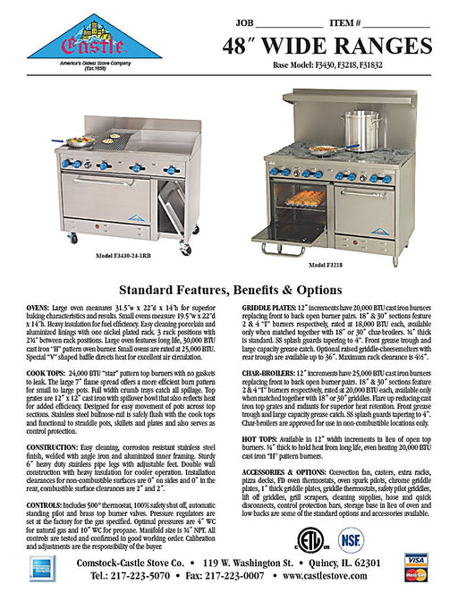 Comstock-Castle F3430-12B 48" Gas Restaurant Range, 6 Open Burners, 12" Charbroiler, Single Standard Oven, Stainless Steel Front, 214,000 BTU - Bakery Wholesalers