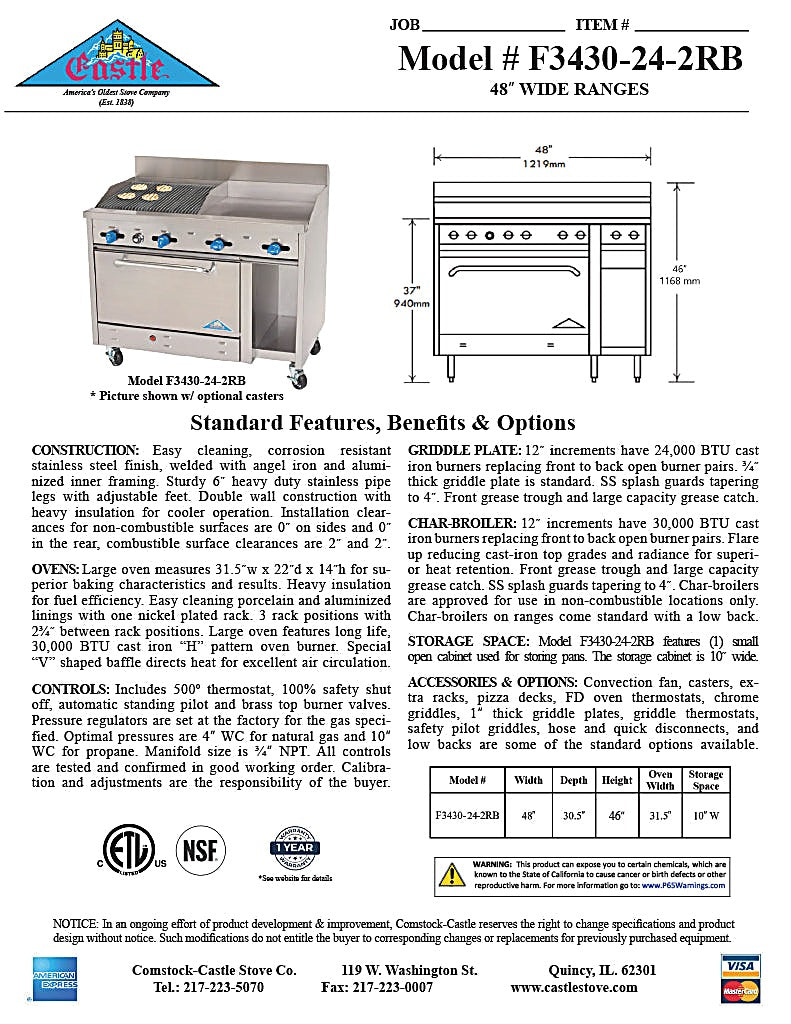 Comstock-Castle F3430-24-2RB 48" Gas Restaurant Range, 24" Griddle, 24" Charbroiler, Single Standard Oven, Stainless Steel Front, 120,000 BTU - Bakery Wholesalers
