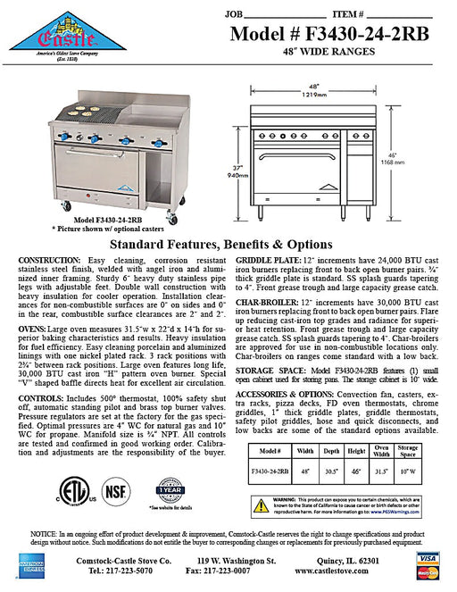 Comstock-Castle F3430-24-2RB 48" Gas Restaurant Range, 24" Griddle, 24" Charbroiler, Single Standard Oven, Stainless Steel Front, 120,000 BTU - Bakery Wholesalers