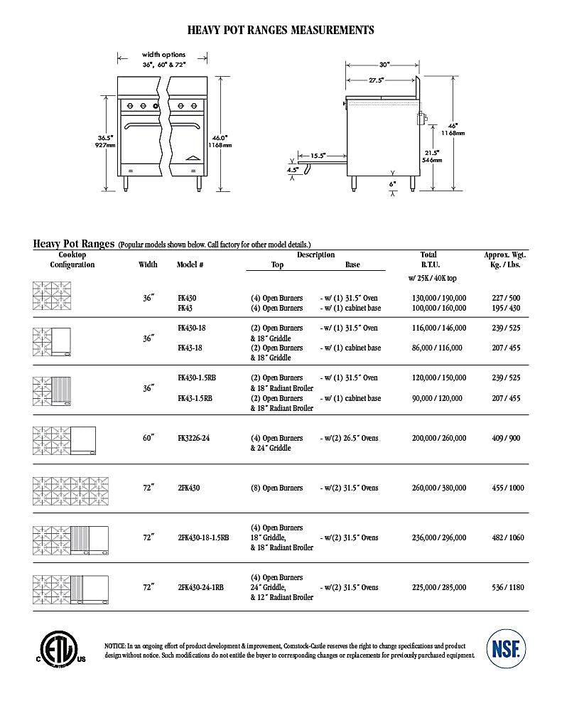 Comstock-Castle FK430-1.5RB 36" Gas Restaurant Range, 2 Open Burners, 18" Charbroiler, Single Standard Oven, Stainless Steel Front, 80,000 BTU - Bakery Wholesalers