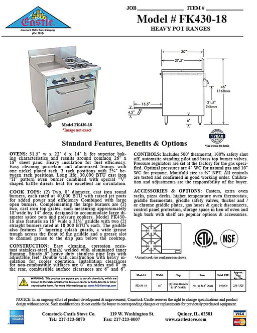 Comstock-Castle FK430-18 36" Gas Restaurant Range, 2 Open Burners, 18" Griddle, Single Standard Oven, Stainless Steel Front, 80,000 BTU - Bakery Wholesalers