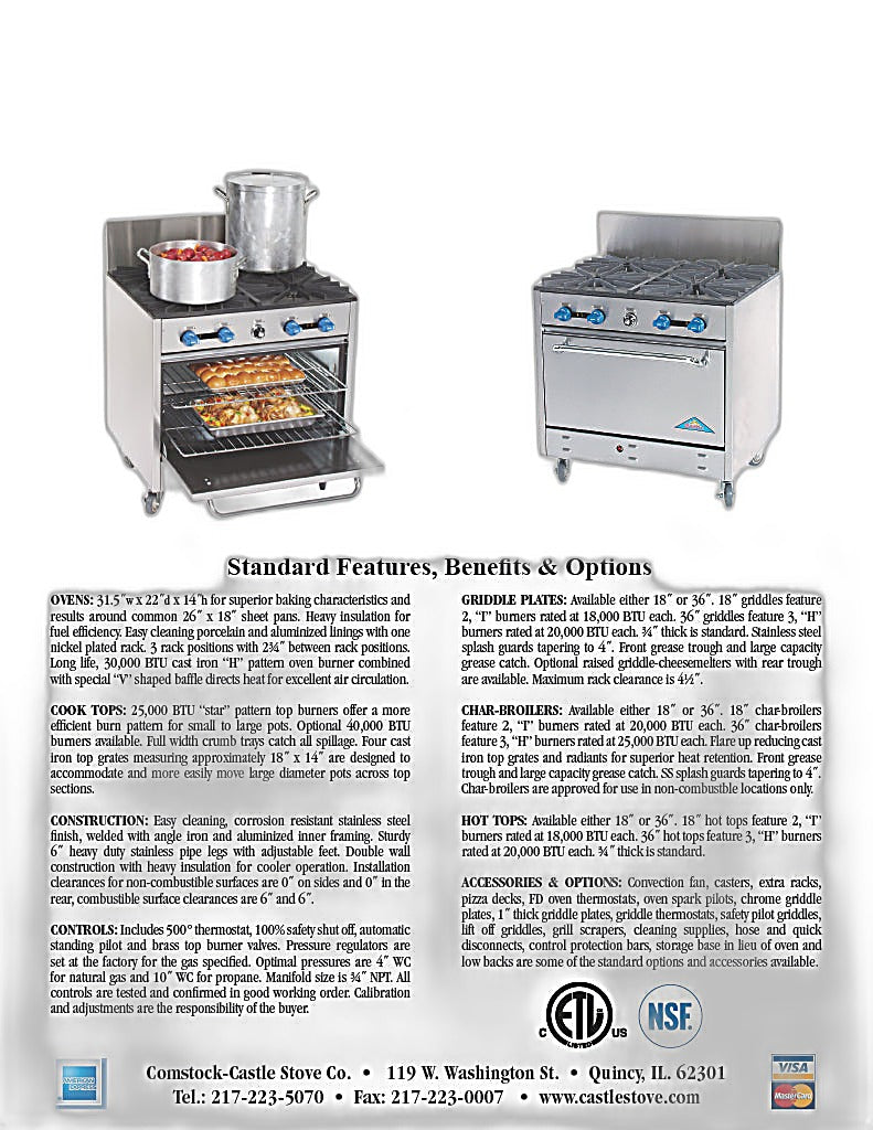 Comstock-Castle FSU330 36" Gas Restaurant Range, 6 Step-Up Open Burners, Single Standard Oven, Stainless Steel Front, 174,000 BTU - Bakery Wholesalers