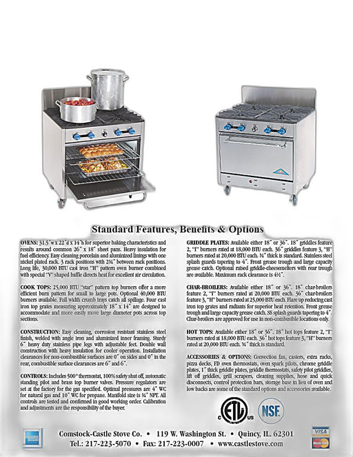 Comstock-Castle FSU330 36" Gas Restaurant Range, 6 Step-Up Open Burners, Single Standard Oven, Stainless Steel Front, 174,000 BTU - Bakery Wholesalers