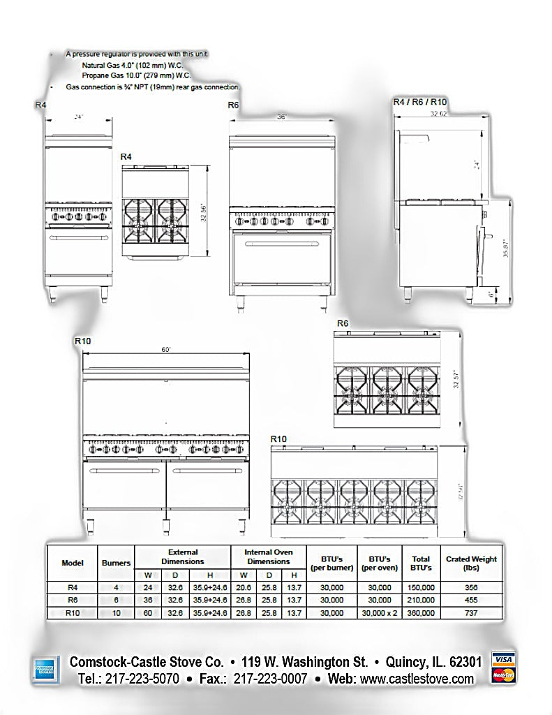 Comstock-Castle R4 24" Gas Restaurant Range, 4 Open Burners, Double Standard Oven, Stainless Steel Front, 150,000 BTU - Bakery Wholesalers