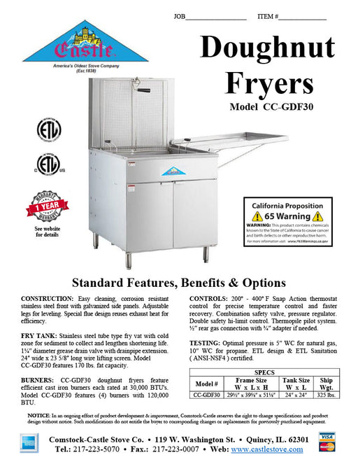 Comstock-Castle CC-GDF30 30" Gas Floor Model Donut Fryer, 24" x 24" Fry Pot, 150–210 lb. Fat Capacity, Thermostatic Controls, Stainless Steel Front, 120,000 BTU - Bakery Wholesalers