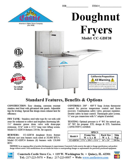 Comstock-Castle CC-GDF38 38" Gas Floor Model Donut Fryer, 34" x 24" Fry Pot, 220 lb. Fat Capacity, Thermostatic Controls, Stainless Steel Front, 150,000 BTU - Bakery Wholesalers
