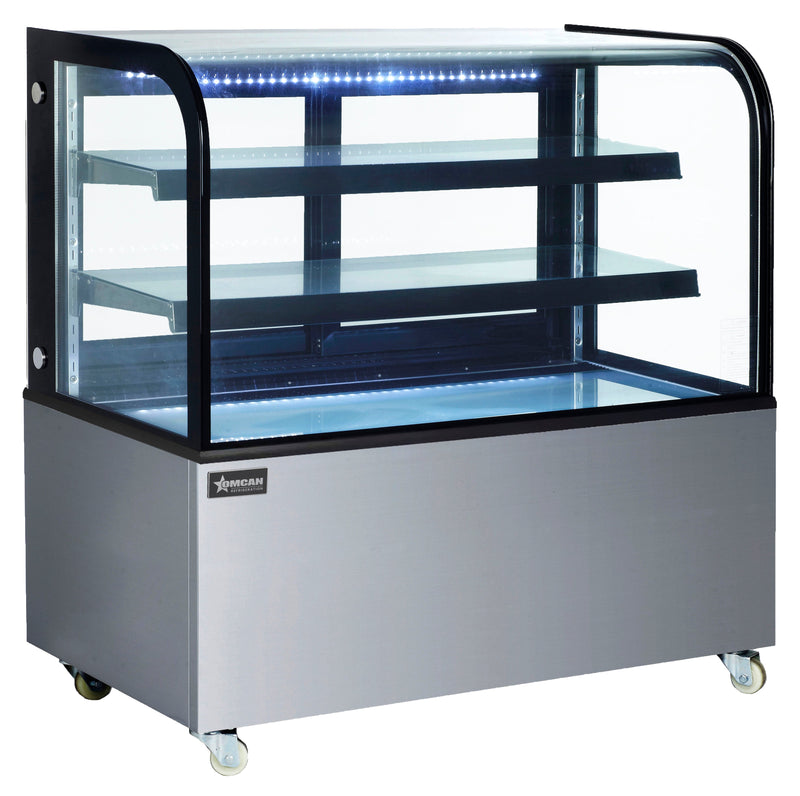 Omcan 48" Dry Bakery & Pastry Merchandiser Display Case with 2 Shelves with Curved Front Glass and Rear Sliding Doors With LED Lighting – 14.1 Cu. Ft. (400L)