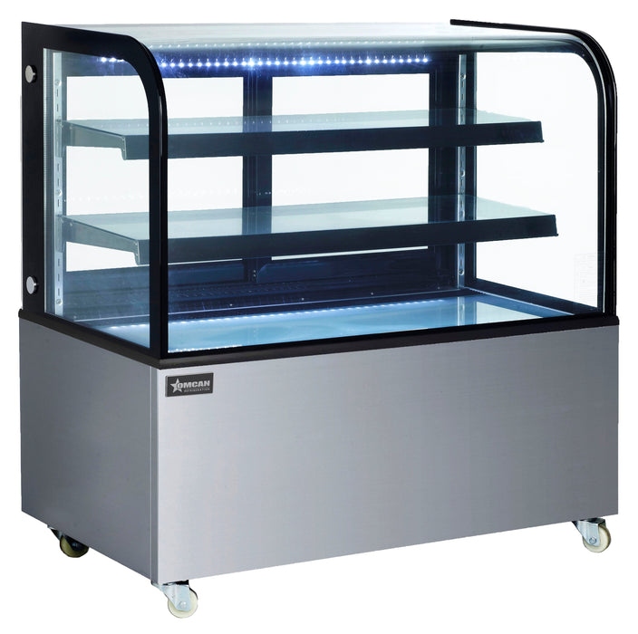 Omcan 48" Dry Bakery & Pastry Merchandiser Display Case with 2 Shelves with Curved Front Glass and Rear Sliding Doors With LED Lighting – 14.1 Cu. Ft. (400L)